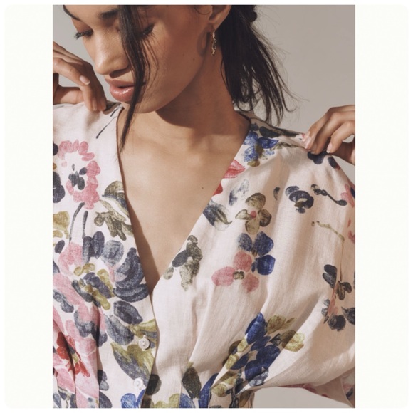 NWT Anthropologie The Tobie Linen Pleated Mini Shirt Dress by Exquise Floral, M - Picture 3 of 16